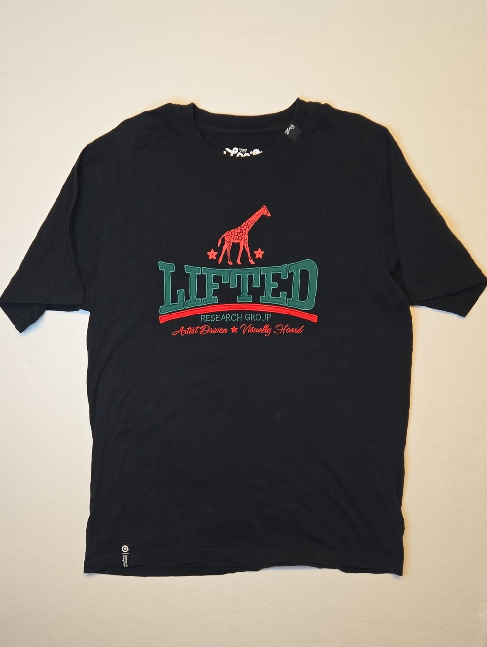 LRG Black Embroidered T-Shirt with Red Giraffe & Green 'LIFTED' Logo Vintage Y2K